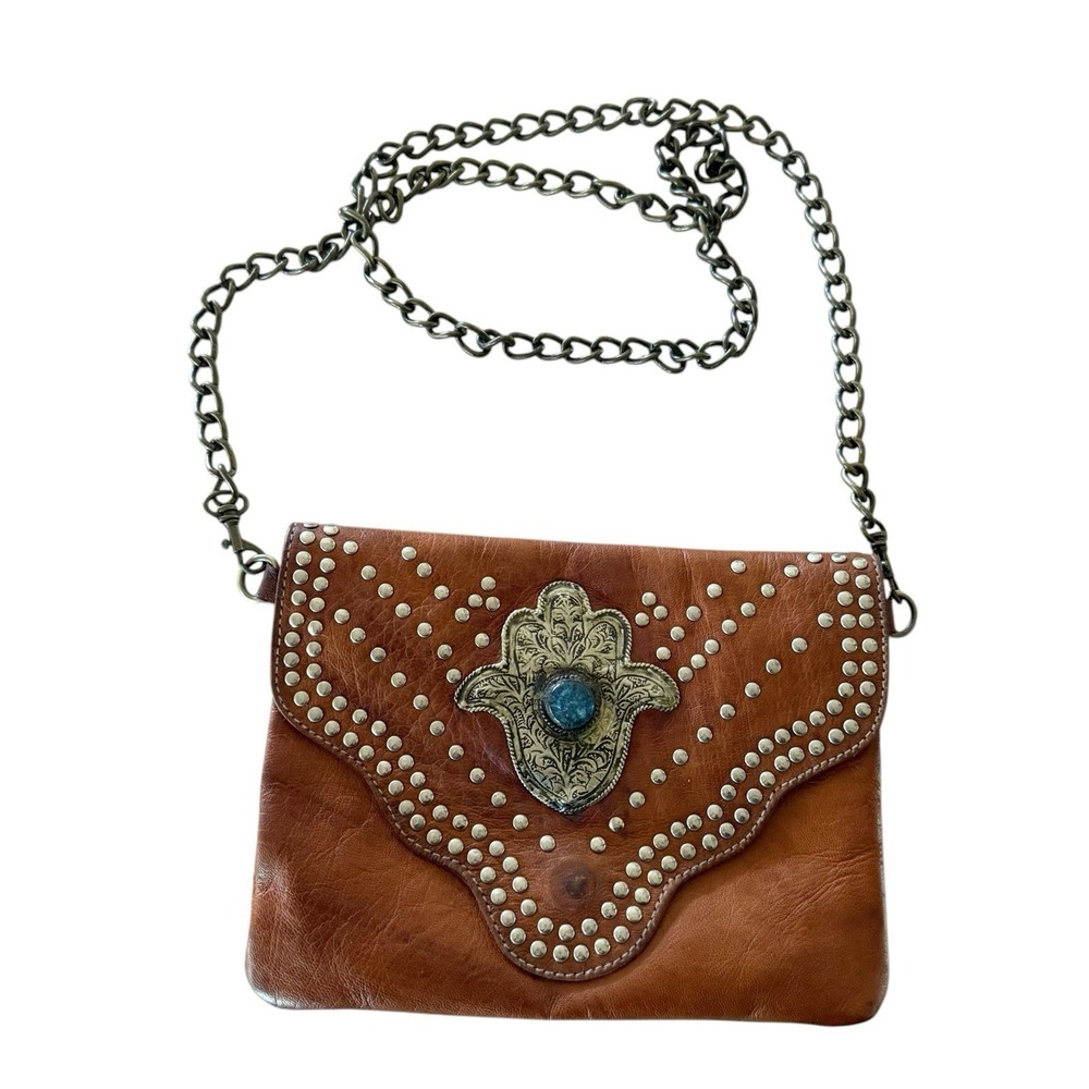 Brown Faux Leather Flat Envelope Bag Purse Silver Tone Studs Brass Chain Strap